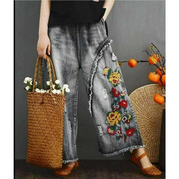 YESNO PW2 Women Cropped Pants Floral Jeans Embroidered Wide Size 3XL, NWT - Picture 2 of 11